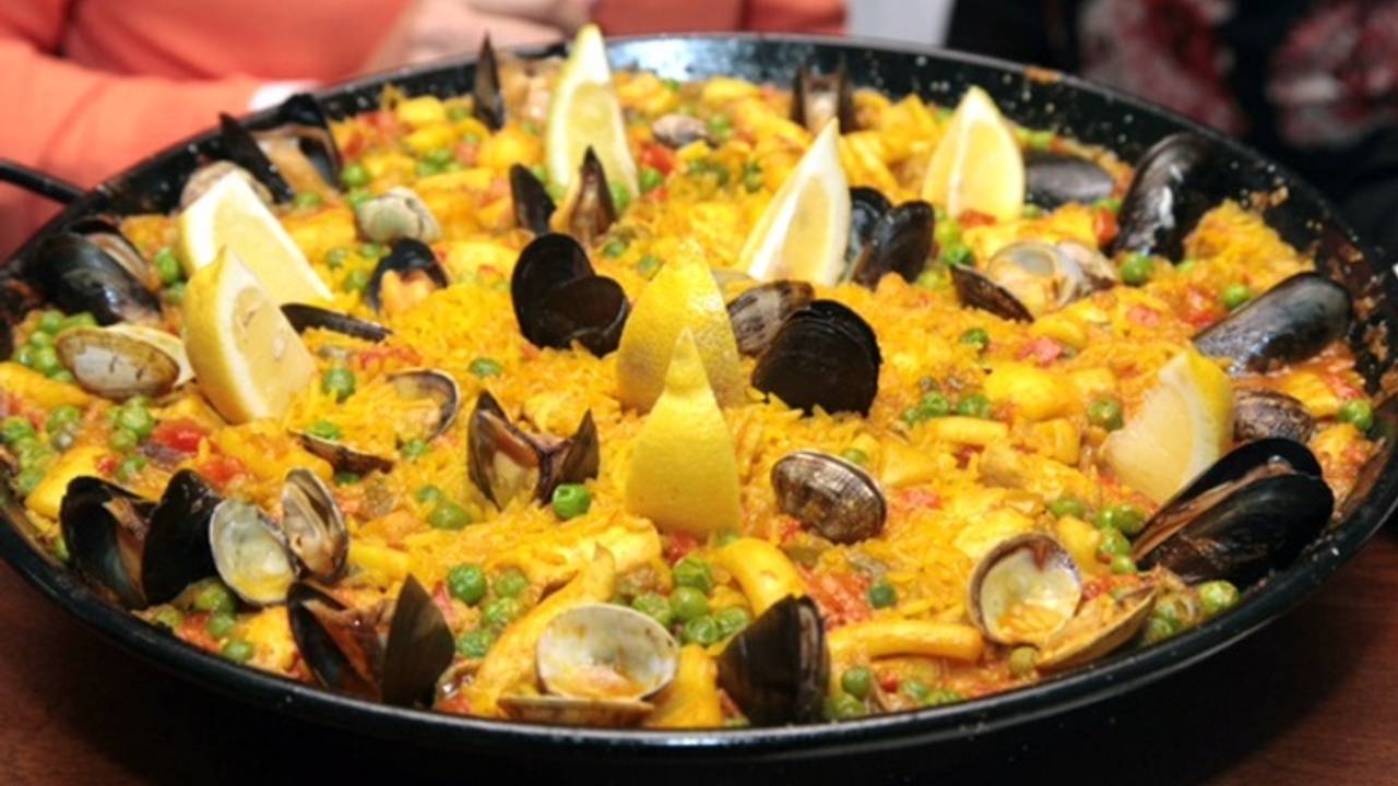 Paella served at la bodaga del patio. Restaurant in andalusia.