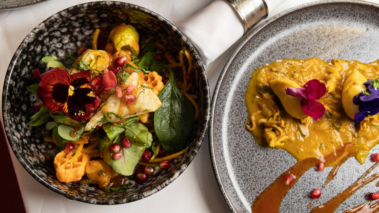 Beautifully presented Indian fine dining dish at Prana Cambridge, recognised as one of the best Indian restaurants in Cambridgeshire.