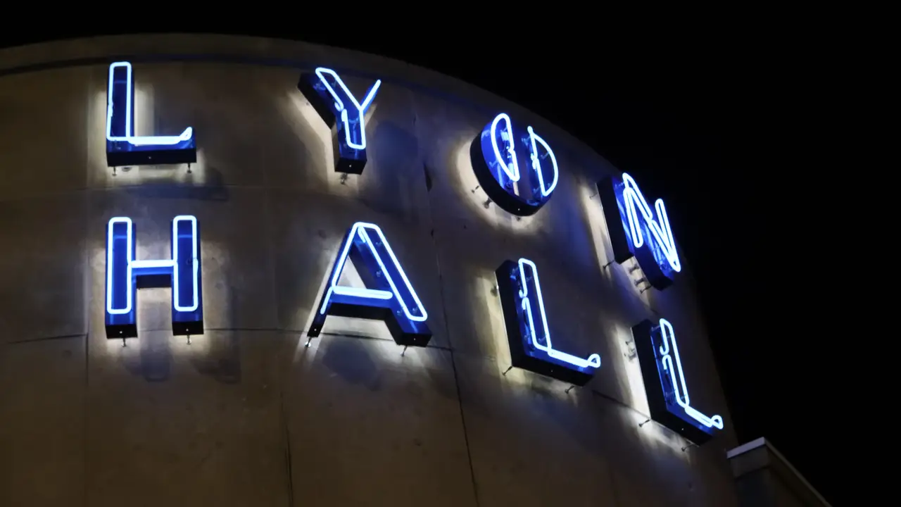 Exterior neon lights at night - Lyon Hall, Arlington, VA
