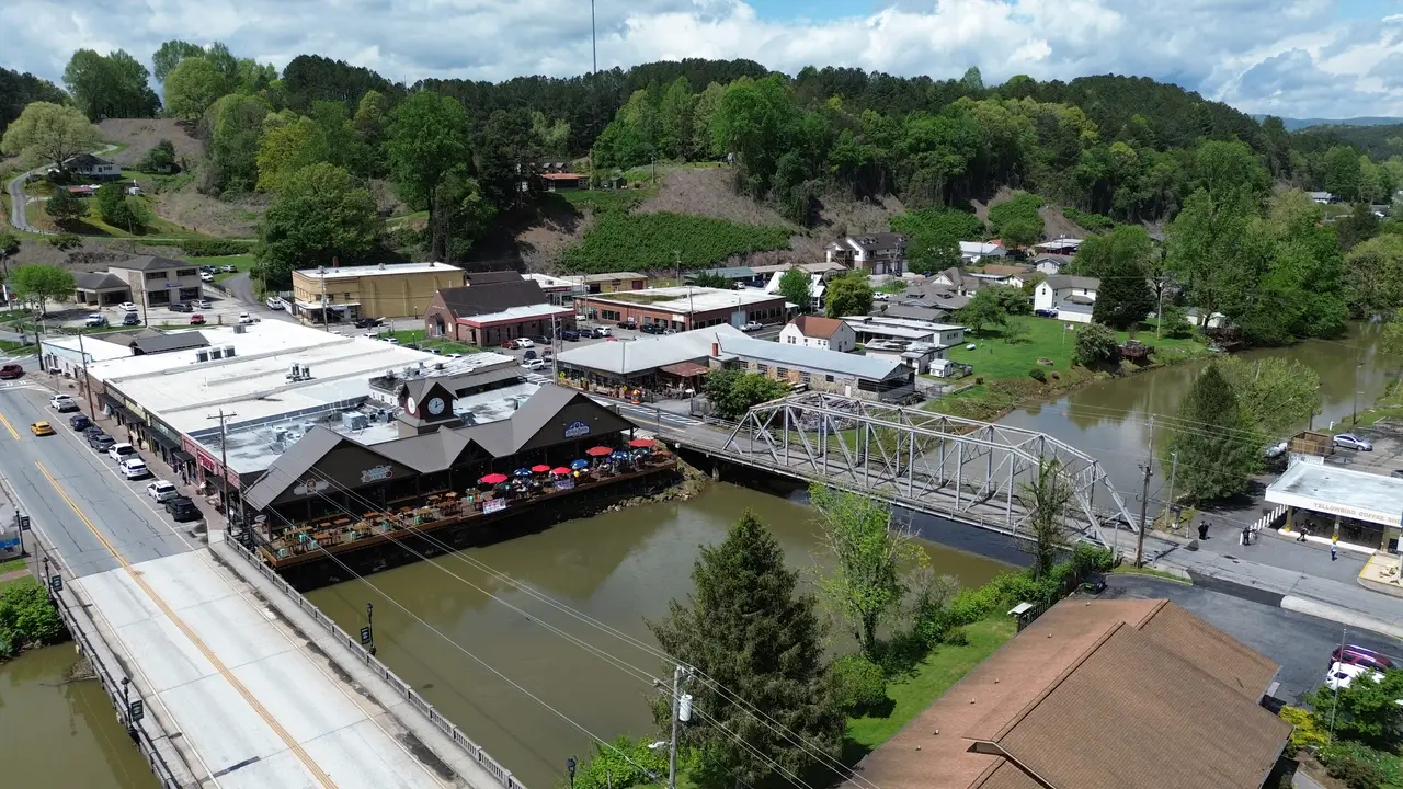 Aerial of Riverwalk Shops along the Toccoa River - Burra Burra on the River, McCaysville, GA