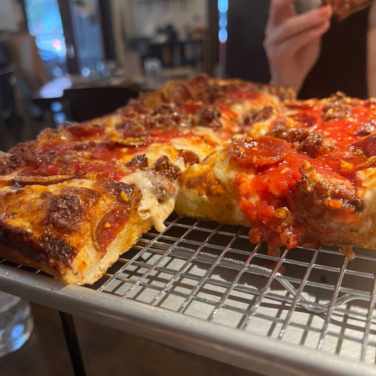 Detroit style pepperoni pizza