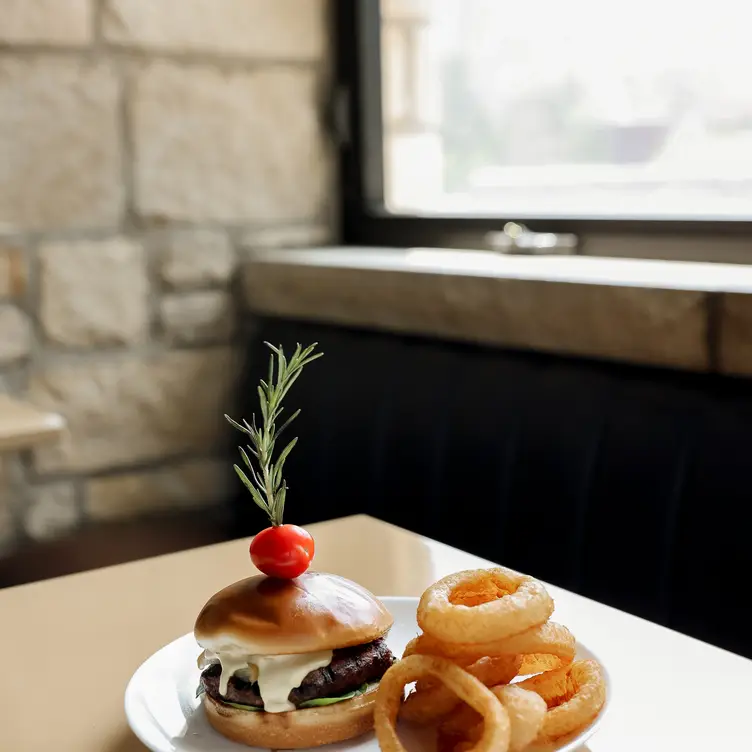 Oread Burger with Onion Rings - Bird Dog Bar KS Lawrence