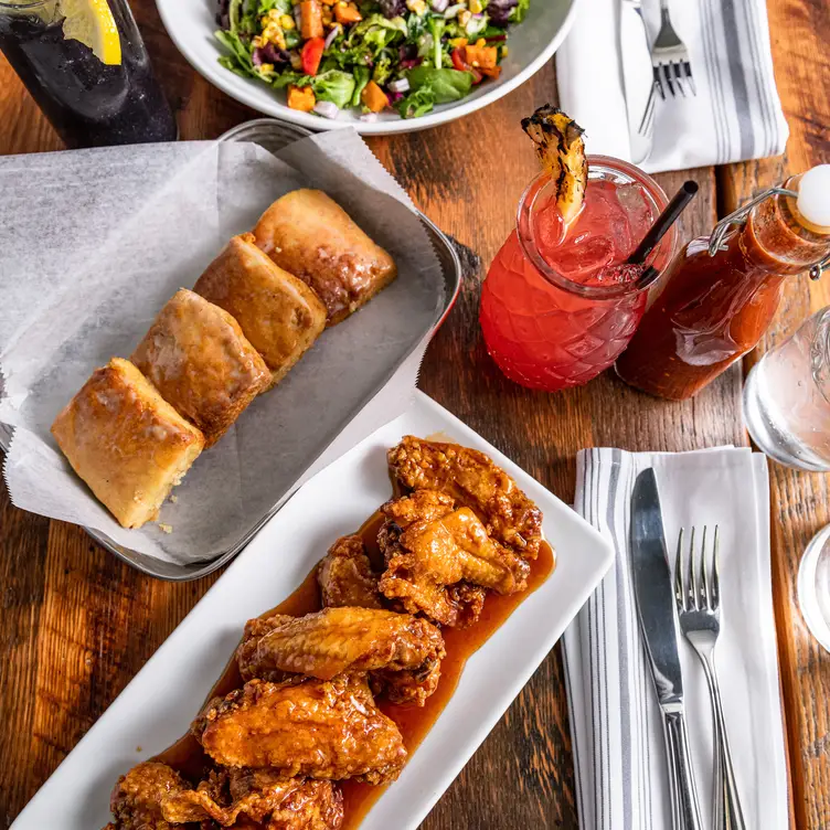 Honey Garlic Wings, Biscuits and Farm Salad. - Kin Southern Table + Bar, Providence, RI