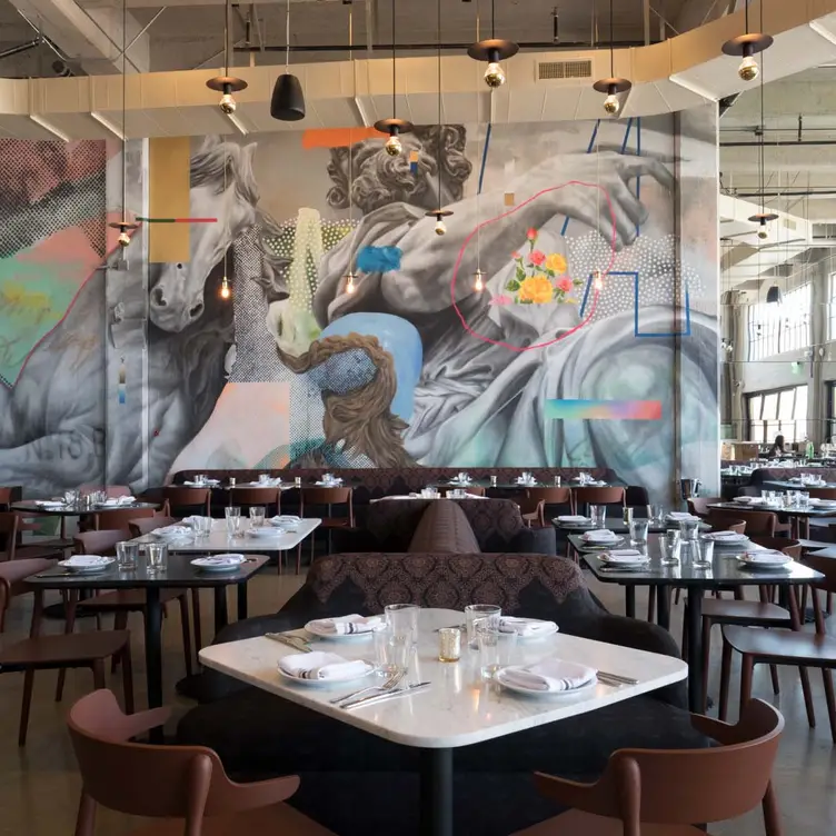 main dining room featuring mural by Cyrcle - Rossoblu CA Los Angeles