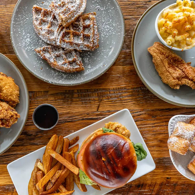 Wings, Catfish with Mac and Greens and Beignets - Kin Southern Table + Bar, Providence, RI