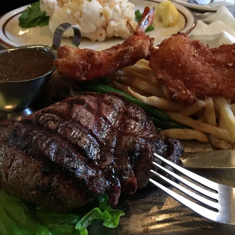 Steak, Shrimp, Fries, Salad, Steak Sauce - Louie's Steak & Seafood, Kenai, AK