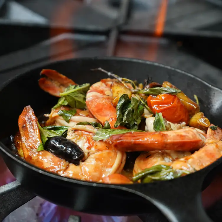 Garlic Gambas with Olives and Cherry Tomatoes - Plateau Bistro, Montréal, QC