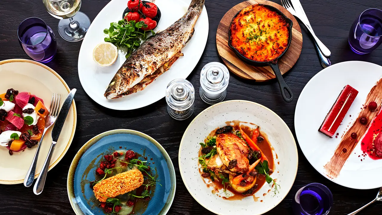 Sopwell House Dishes Low Brasserie Flatlay - The Brasserie at Sopwell House, St. Albans, Hertfordshire