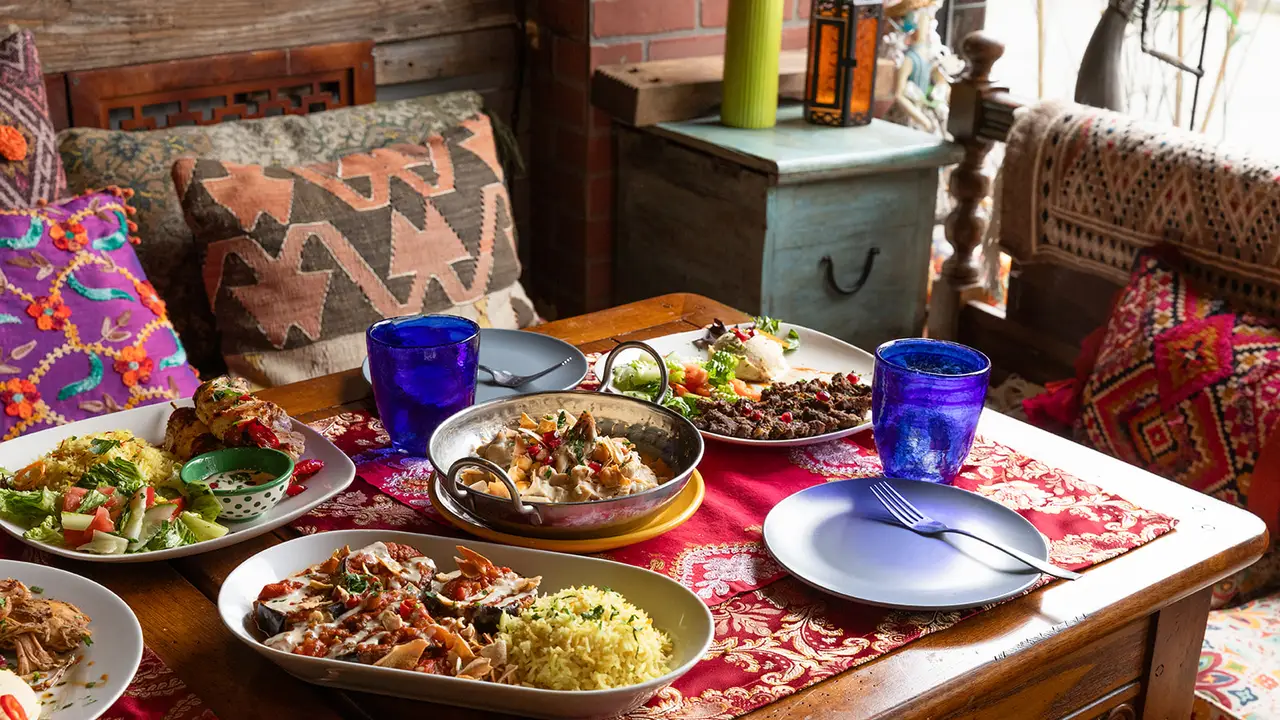 Chicken &amp; Eggplant Fatteh in Mediterranean Ambient - Le Souk, Montclair, NJ