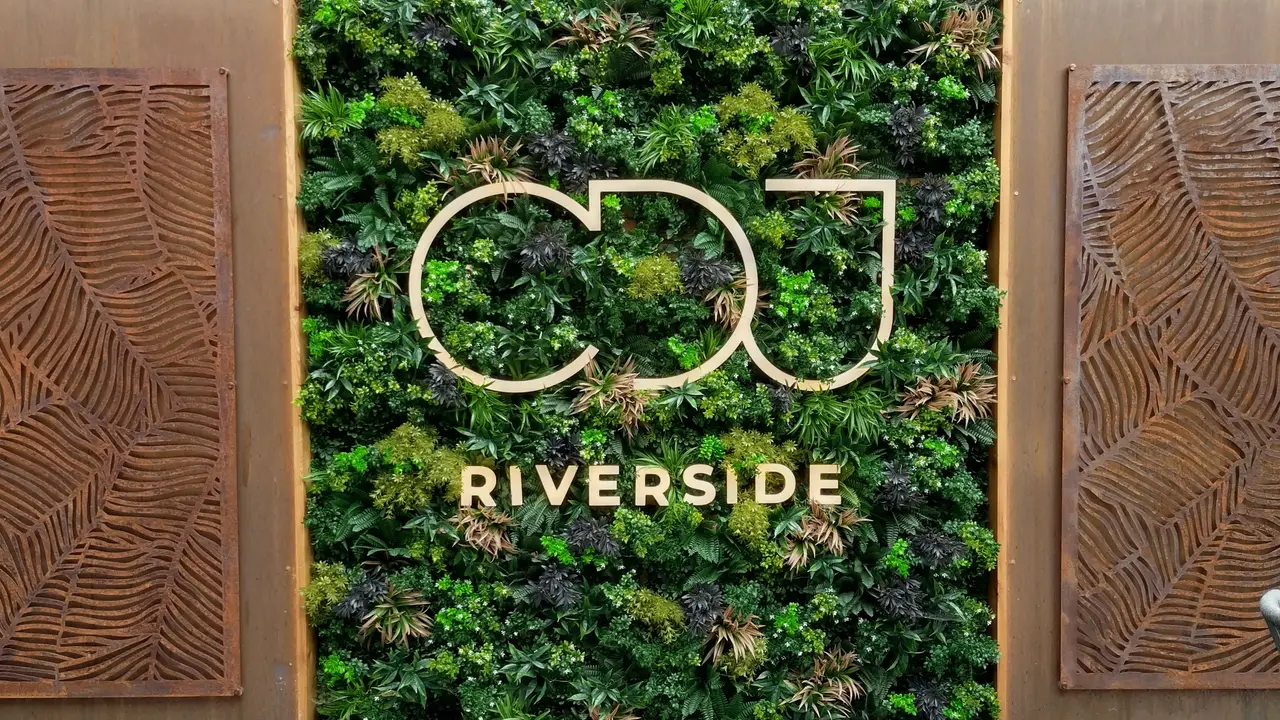 CDJ Riverside logo in the external green wall - CDJ Riverside ~ Bar & Kitchen, Darwen, Blackburn with Darwen