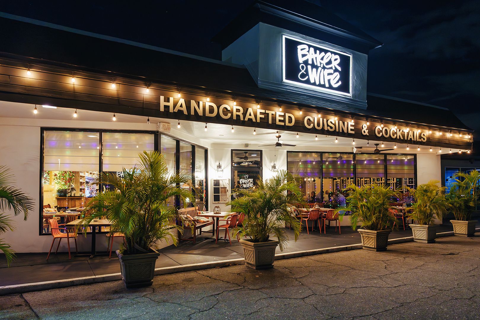 Baker & Wife exterior and patio on Siesta Drive in Sarasota.