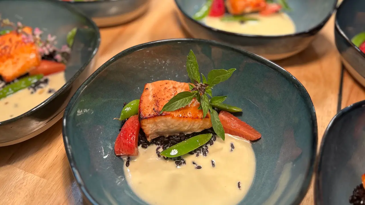 Salmon with black rice and pickled strawberries - Meander, Spearfish, SD