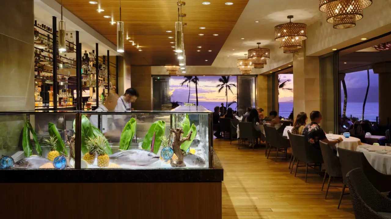 Sunset in our Main Dining Room by the Raw Bar - Wolfgang Puck's Spago in the Four Seasons Resort Maui, Wailea, HI
