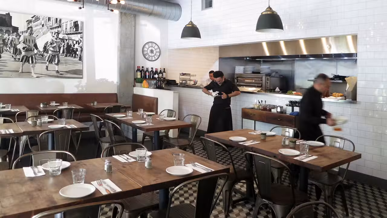 Lively contemporary dining room with open kitchen - Pazzia CA San Francisco