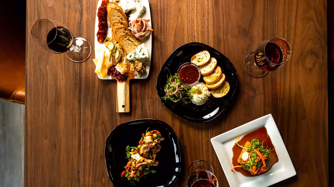 a selection of starter options with wine pairings - Rootstock, Woodstock, GA