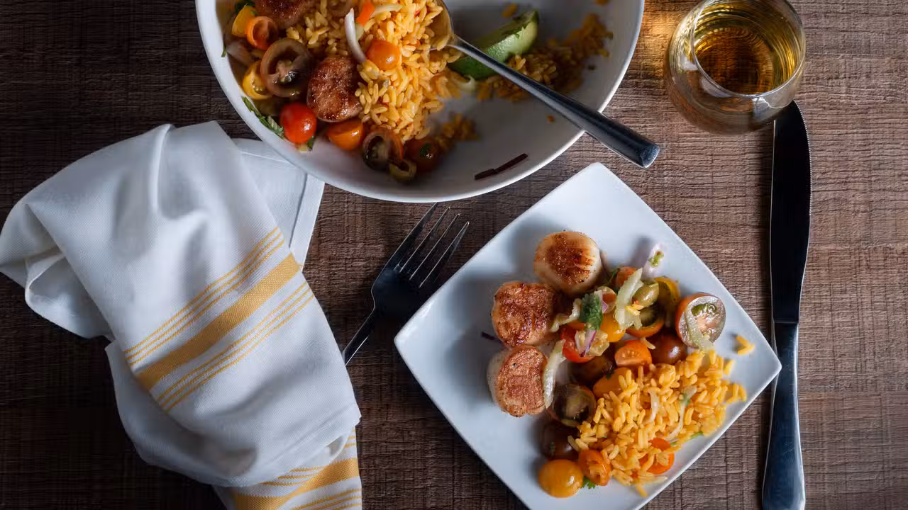Day boat scallops, saffron rice and tomato salad - Eggcellent, Lewes, DE