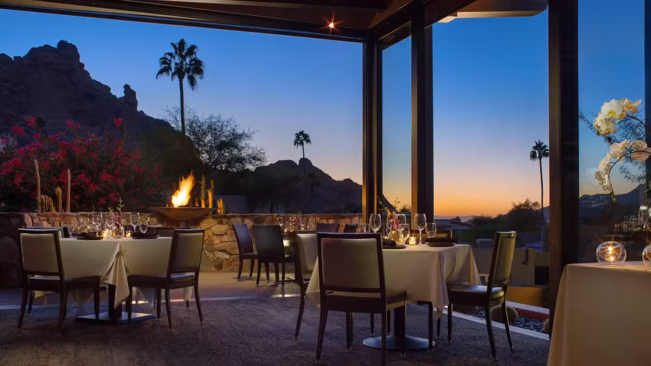 elements Praying Monk Dining Room sunset fireplace - elements at Sanctuary Camelback Mountain, Paradise Valley, AZ
