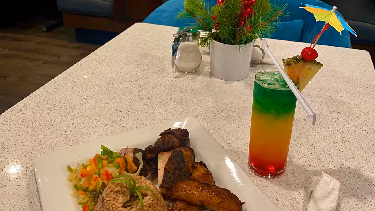 Signature Bob Marley cocktail &amp; Jerk Chicken Meal - Aunty Joy's Jerk & Pizza, Chicago, IL