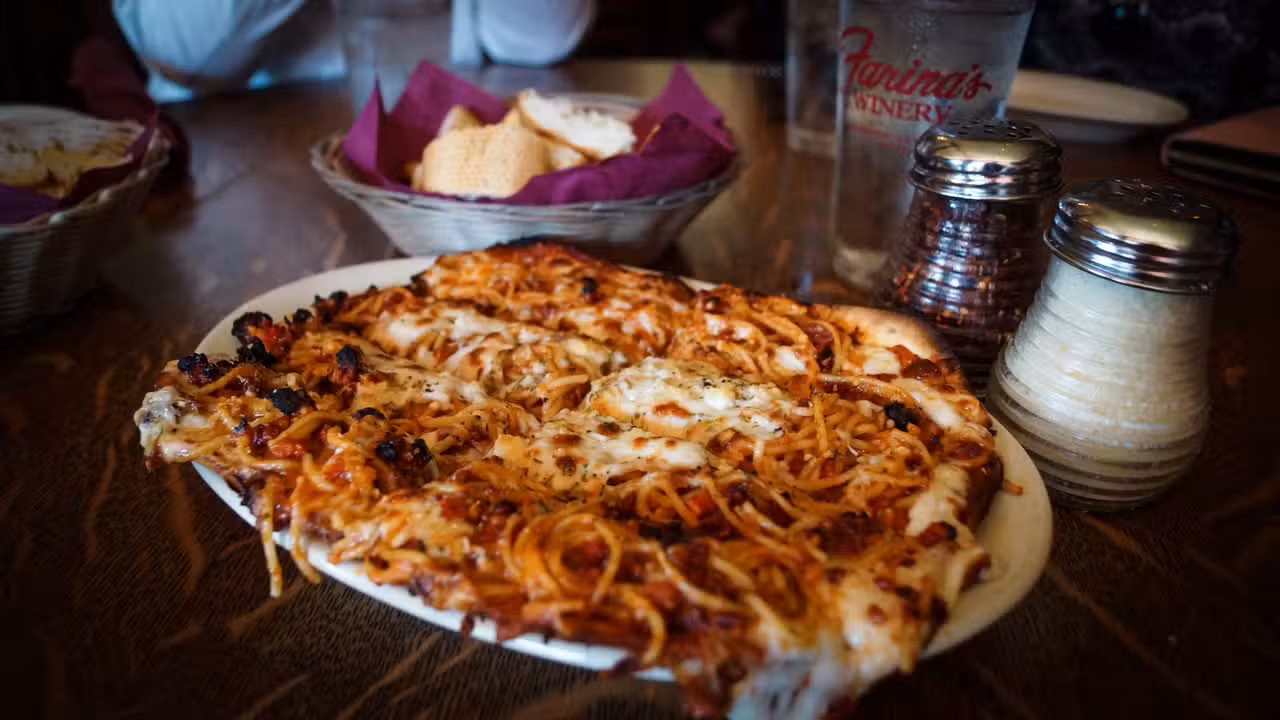 Farina's Signature Spaghetti Pizza - Farina's Winery & Café Grapevine, Grapevine, TX