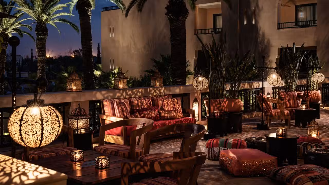 Palm-fringed lounge modeled as a traditional riad  - Inara, Marrakech, Marrakech-Safi