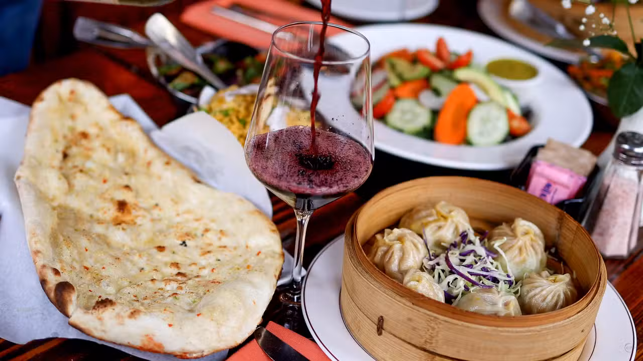 Momo, Green Salad, Naan &amp; Glass of red wine - Yeti Indian Cuisine Restaurant, Glen Ellen, CA