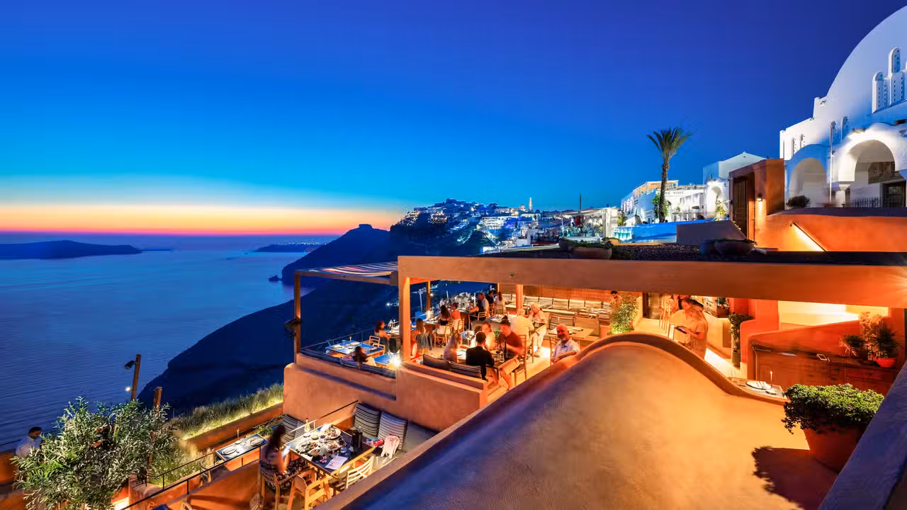 Gorgeous caldera views from every table - Rizes Gastro Taverna Santorini, Fira, Cyclades