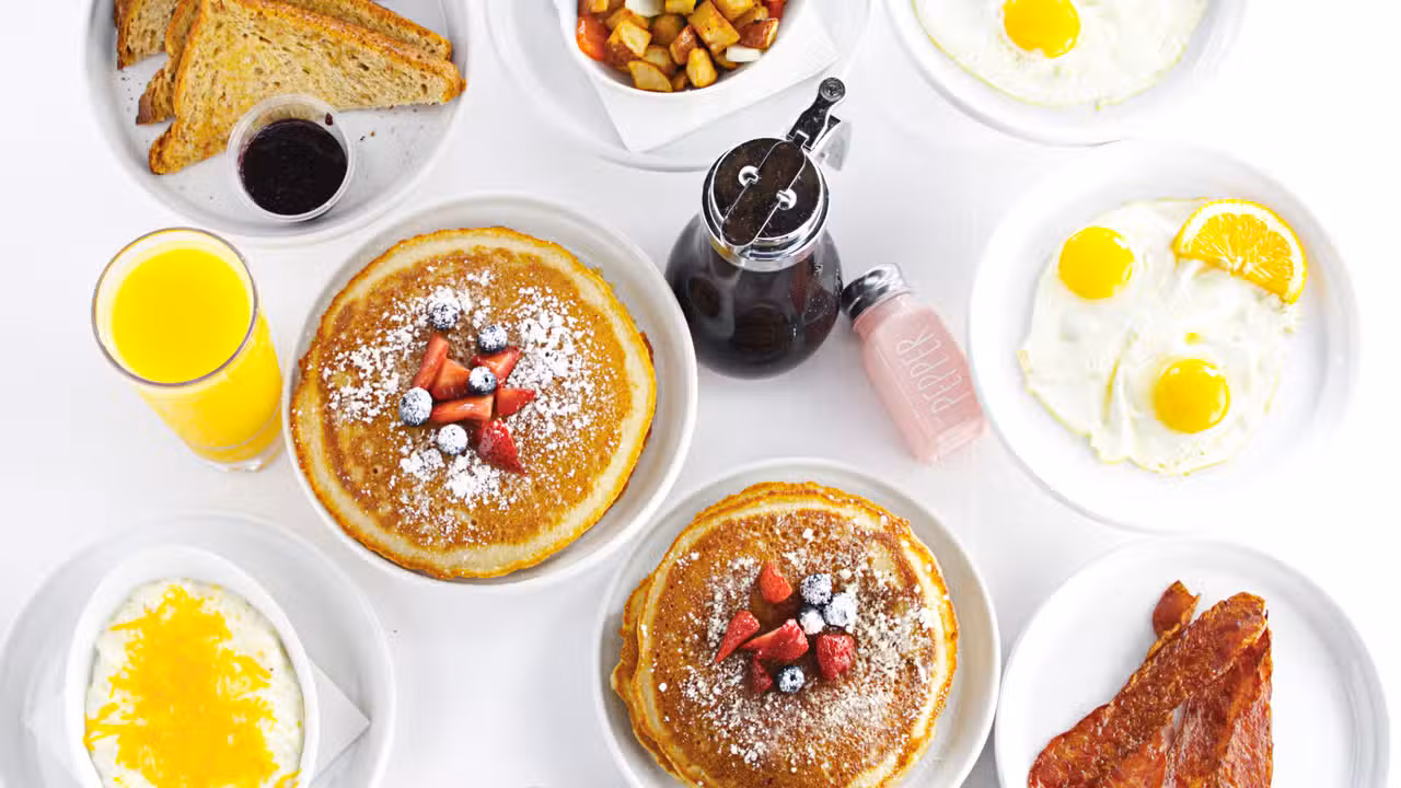 Southern, Breakfast Pancakes, Eggs, and Bacon - High Noon Brunchery, Atlanta, GA