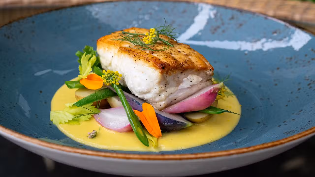 Halibut with Sweet Corn Sauce &amp; Garden Vegetables - Lucy Restaurant and Bar at Bardessono, Yountville, CA