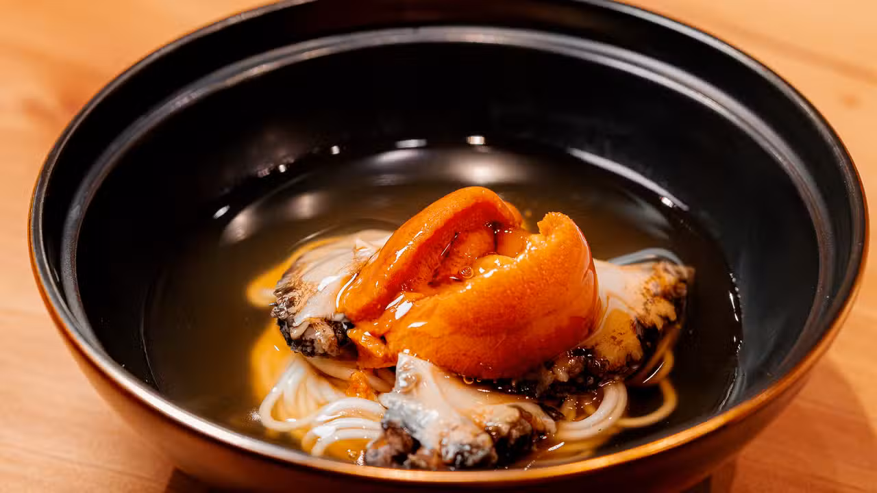 Aomori Abalone with Hokkaido Uni with Somen  - Sushi Kinsen, Redwood City, CA