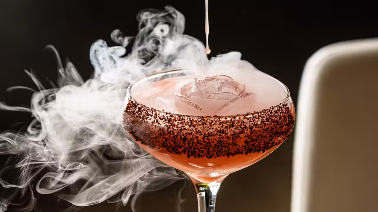 Smoked tequila cocktail with sculpted rose ice - Sueño Modern Mex-Tex, Richardson, TX
