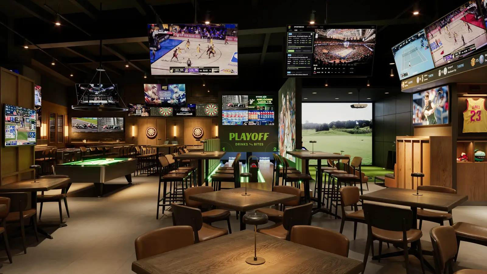 Playoff Sports Bar in City 32 with multiple televisions, games and tables